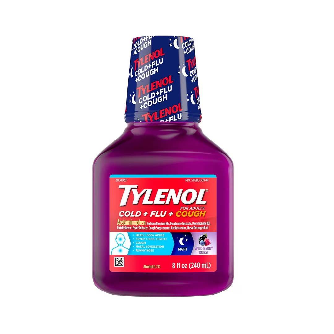 Tylenol Cold + Flu + Cough Night Liquid Medicine Wild Berry