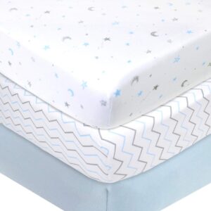 American Baby Company 3 Pack Fitted Crib Sheets 28" x 52", Soft Breathable Neutral 100% Cotton Jersey Sheet, Blue Star/Zigzag, for Boys and Girls, Fits Crib and Toddler Bed mattresses