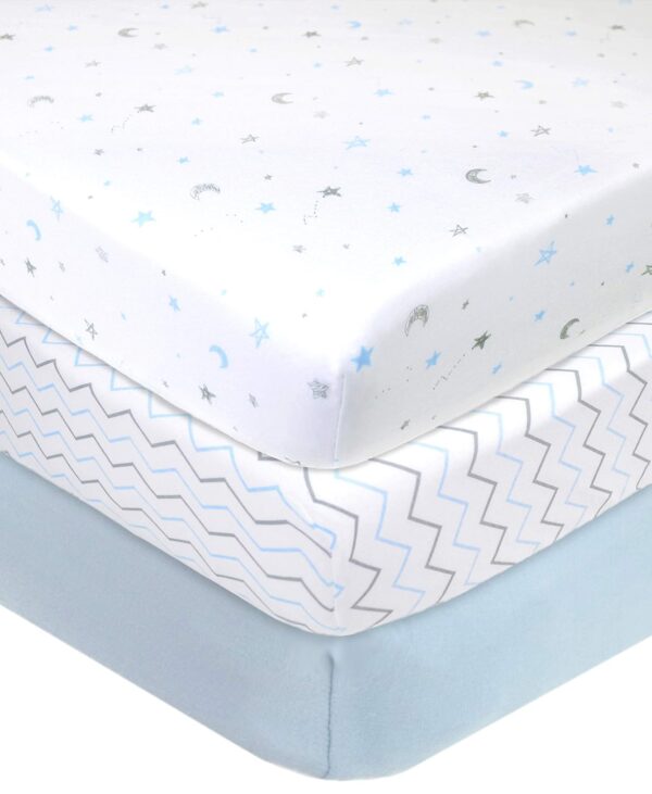 American Baby Company 3 Pack Fitted Crib Sheets 28" x 52", Soft Breathable Neutral 100% Cotton Jersey Sheet, Blue Star/Zigzag, for Boys and Girls, Fits Crib and Toddler Bed mattresses