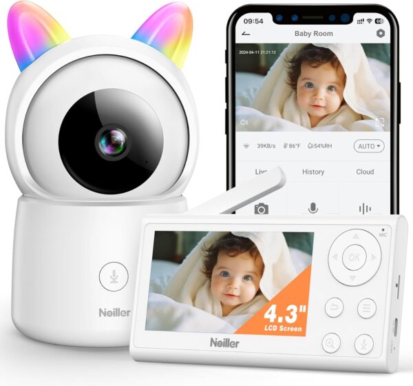 Baby Monitor, 4.3" Video Baby Monitor with 1080P Camera, Smart 2.4G WiFi Audio Monitor with Remote PTZ, Night Vision, 2-Way Talk, Sleep Mode, RGB Night Lights, Lullabies & 1000ft Range, APP Control
