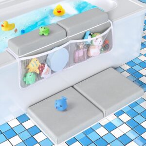 Baby Bath Kneeler and Elbow Rest Pad Set - Gray Green - 1.5 inch Extra Thick Baby Bathtub Kneeling Pad and Removable Elbow Pad,with Baby Bath Toys and Organizer Pockets - Easy to Clean-Tiikiy