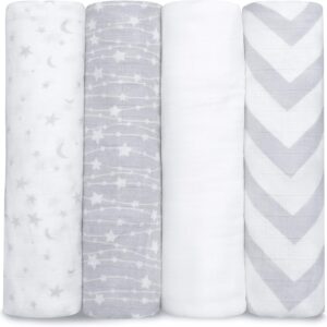 Comfy Cubs Muslin Swaddle Blankets (Pack of 4) - 47” x 47”, Soft Cotton Baby Blanket Set, Large Swaddling Wraps for Newborns - Self-Soothing Baby Swaddle - (Grey)