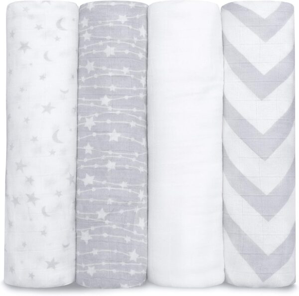 Comfy Cubs Muslin Swaddle Blankets (Pack of 4) - 47” x 47”, Soft Cotton Baby Blanket Set, Large Swaddling Wraps for Newborns - Self-Soothing Baby Swaddle - (Grey)