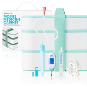 Frida Baby Mobile Medicine Cabinet Travel Kit, Baby Essentials Gift Set Includes NoseFrida Snotsucker, Rectal Thermometer, MediFrida Medicine Dispenser with Portable Carrying Case