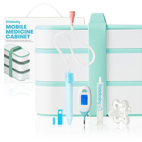 Frida Baby Mobile Medicine Cabinet Travel Kit, Baby Essentials Gift Set Includes NoseFrida Snotsucker, Rectal Thermometer, MediFrida Medicine Dispenser with Portable Carrying Case