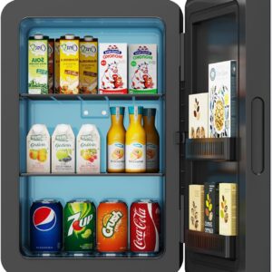 Kikihouse 22L/30Cans Mini Fridge for Bedroom, 12v DC Portable Cooler & Warmer, Mini Refrigerator with Glass Front, for Car Office Desk & Dorm Food Beverage Skincare Makeup (Black)