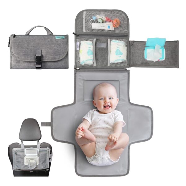 Kopi Baby Portable Diaper Changing Pad - Baby Diaper Changer Travel Bag with Wipes Pocket, Smart Design Portable Changing Mat, Infant Travel Station Kit, Gift for Newborn Girl & Boy - Grey