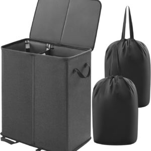 Lifewit Double Laundry Hamper with Lid and Removable Laundry Bags, Large Collapsible 2 Dividers Dirty Clothes Basket with Handles for Bedroom, Laundry Room, Closet, Bathroom, College, 155L Black