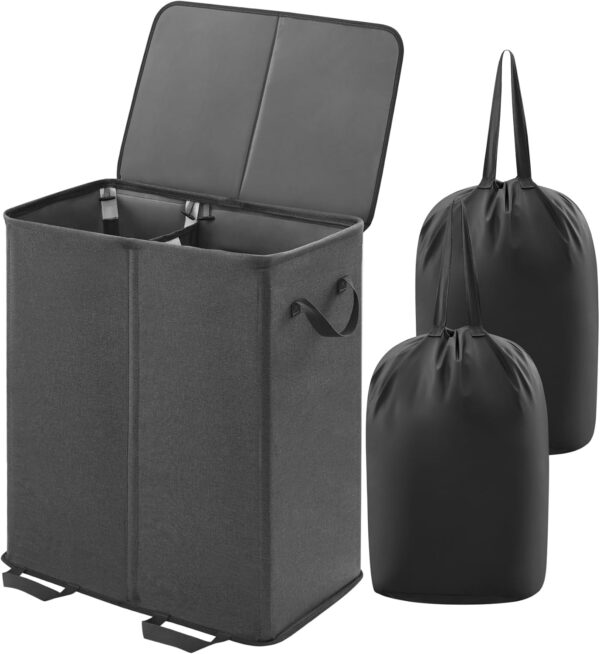 Lifewit Double Laundry Hamper with Lid and Removable Laundry Bags, Large Collapsible 2 Dividers Dirty Clothes Basket with Handles for Bedroom, Laundry Room, Closet, Bathroom, College, 155L Black