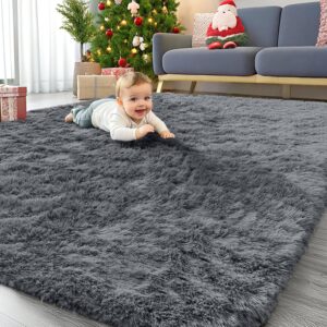 OLANLY 5x7 Machine Washable Large Area Rugs for Living Room, Bedroom, Soft Fluffy Shaggy Bedside Rug, Indoor Floor Carpet for Kids Girls and Boys, Dorms, Nursery, Home Decor Aesthetic, Grey