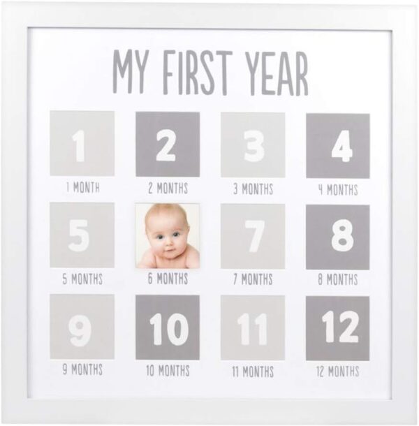Pearhead My First Year Photo Moments Baby Keepsake Picture Frame, Baby's First Year Photo Frame, Gender-Neutral Baby Milestone Nursery Decor, White and Gray