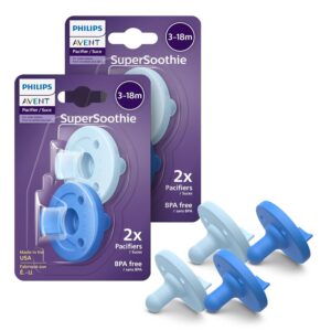 Philips Avent Soothie 3-18 Months Orthodontic Baby Pacifiers, 100% Silicone Pacifiers, One Piece, BPA-Free, 2 Sky Blue and 2 Light Blue, 4 Pack, Model SCF192/71