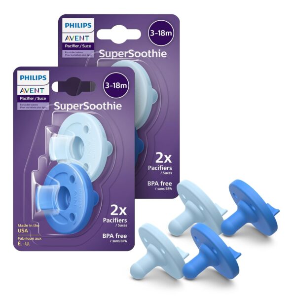 Philips Avent Soothie 3-18 Months Orthodontic Baby Pacifiers, 100% Silicone Pacifiers, One Piece, BPA-Free, 2 Sky Blue and 2 Light Blue, 4 Pack, Model SCF192/71