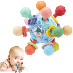 TOHIBEE Baby Montessori Sensory Teether Toy for 0-6, 6-12 Months, Blue, Silicone & ABS Plastic, Baby Rattle