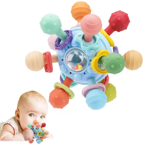 TOHIBEE Baby Montessori Sensory Teether Toy for 0-6, 6-12 Months, Blue, Silicone & ABS Plastic, Baby Rattle