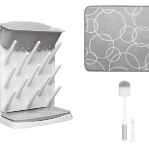 Ubbi Vertical Bottle Drying Rack, Bottle Brush & Microfiber Drying Mat Bundle, Newborn Baby Essentials, Baby Registry Must Haves, New Parent Gifts, Gray