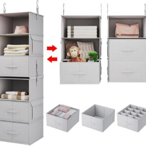 Vailando 6-Shelf Hanging Closet Organizer, 2 Separable 3-Shelf Hanging Shelves with 3 Drawers for Wardrobe, Nursery, Baby Clothes Organization and Storage