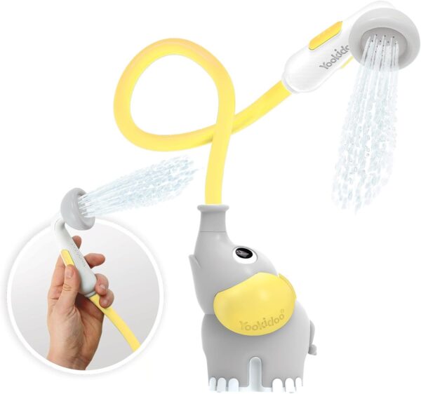 Yookidoo Baby Bath Shower Head - Elephant Water Pump with Trunk Spout Rinser - Control Water Flow from 2 Knobs for Maximum Fun in Tub or Sink for Newborn Babies (Yellow)