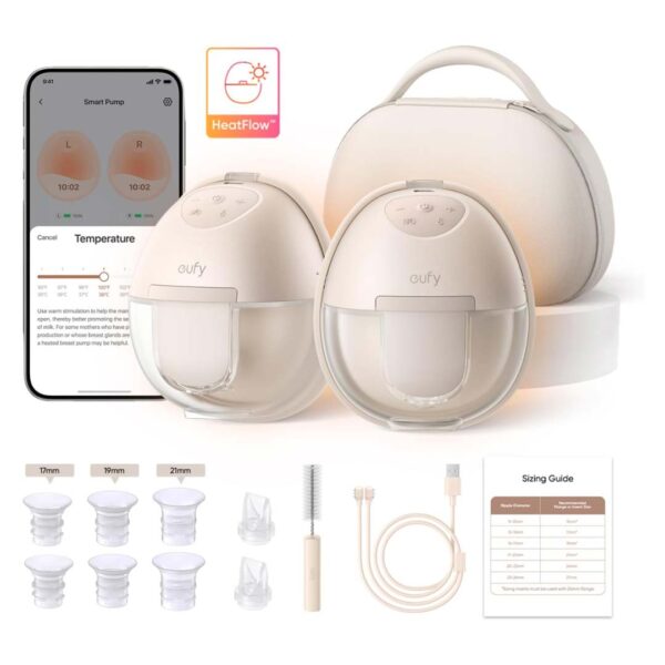 eufy Heated Wearable Breast Pump S1 Pro, Slim Hands-Free Breast Pump with Industry-Leading HeatFlow™ Tech, Wireless Charging Case, App-Controlled OptiRhythm™, Hospital-Grade Suction, in-Bra Use